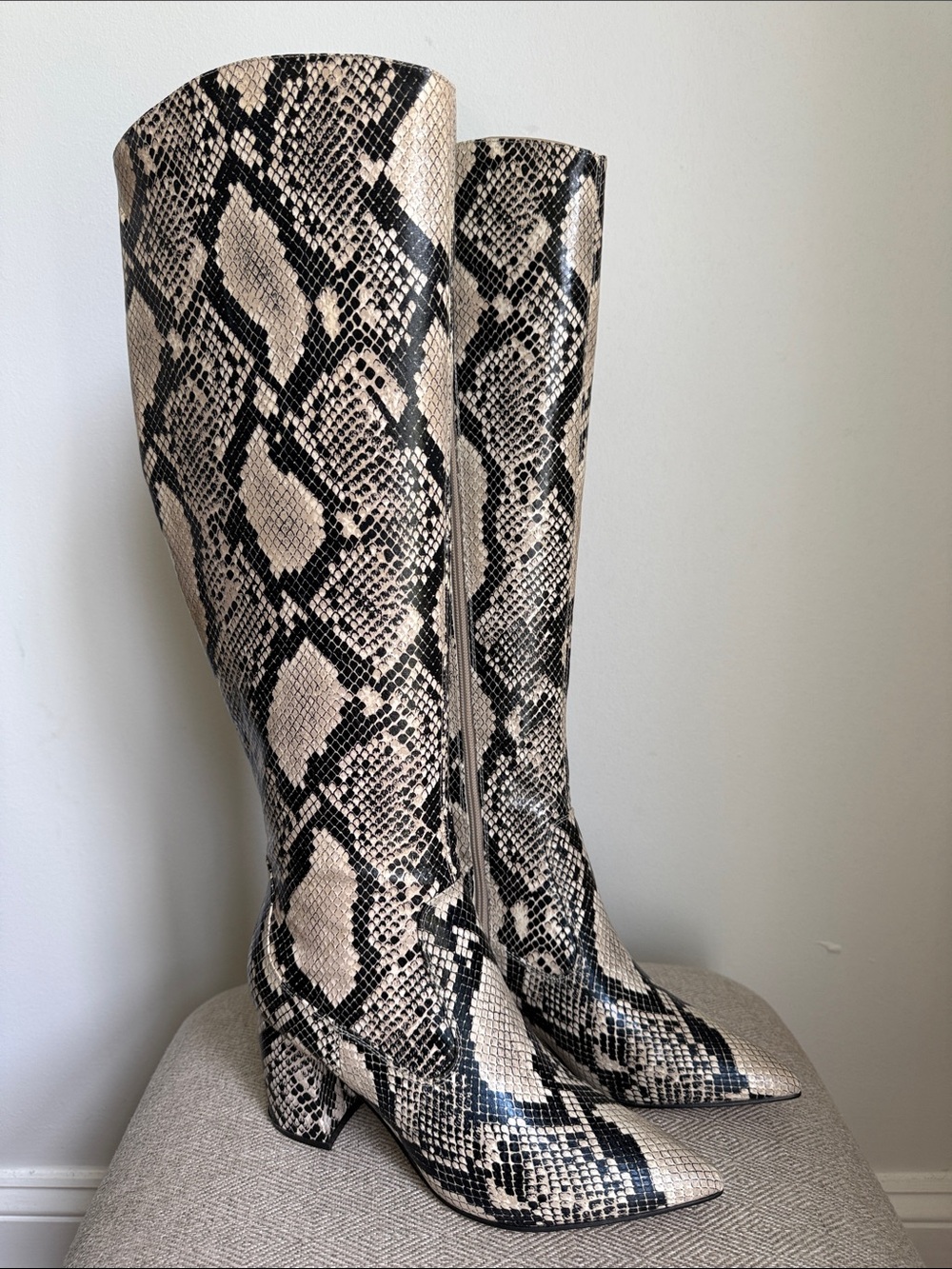 Marc Fisher Knee-High Snakeskin Pointed Toe Boots - Beige & Black